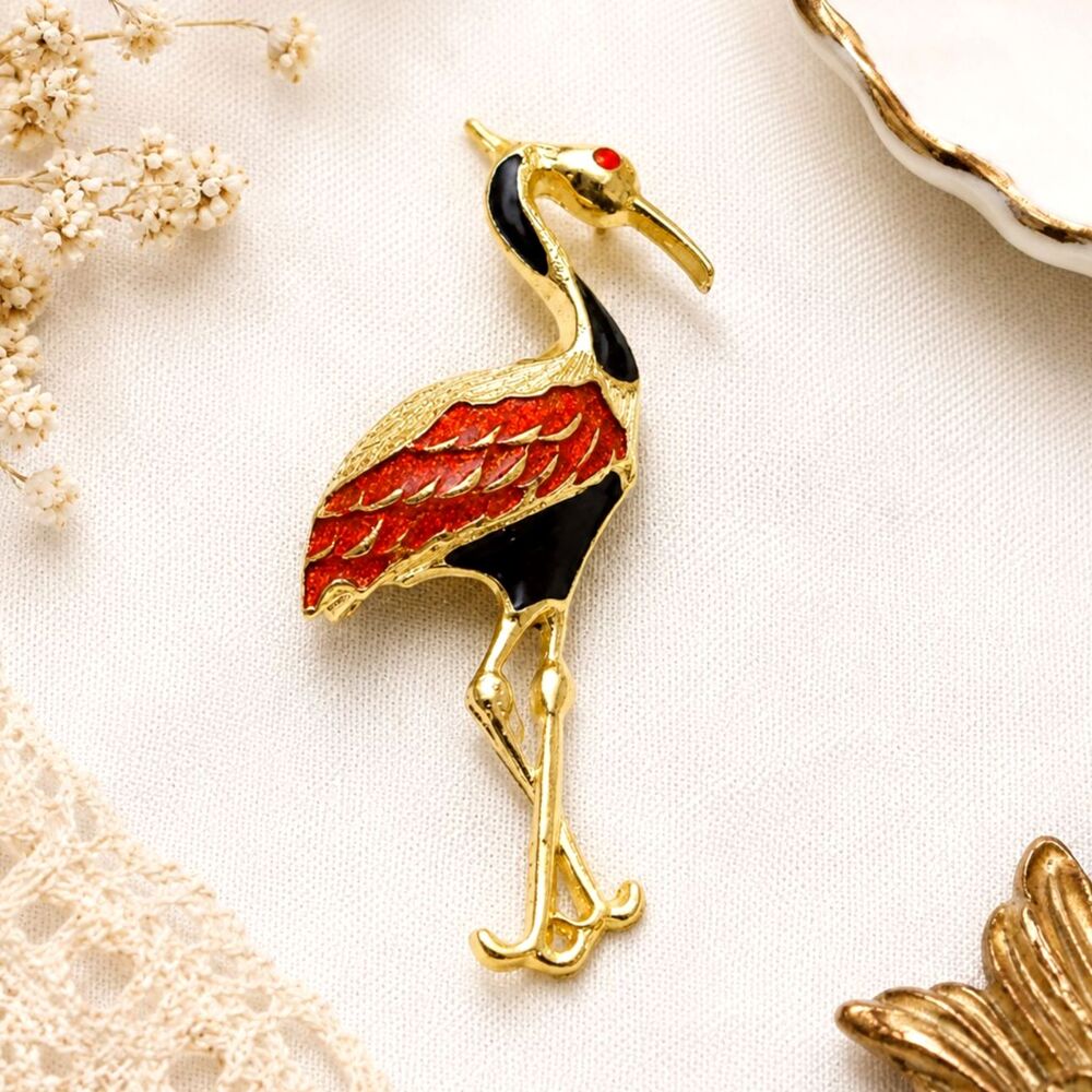 Vintage Gold Tone Enameled Crane Brooch
